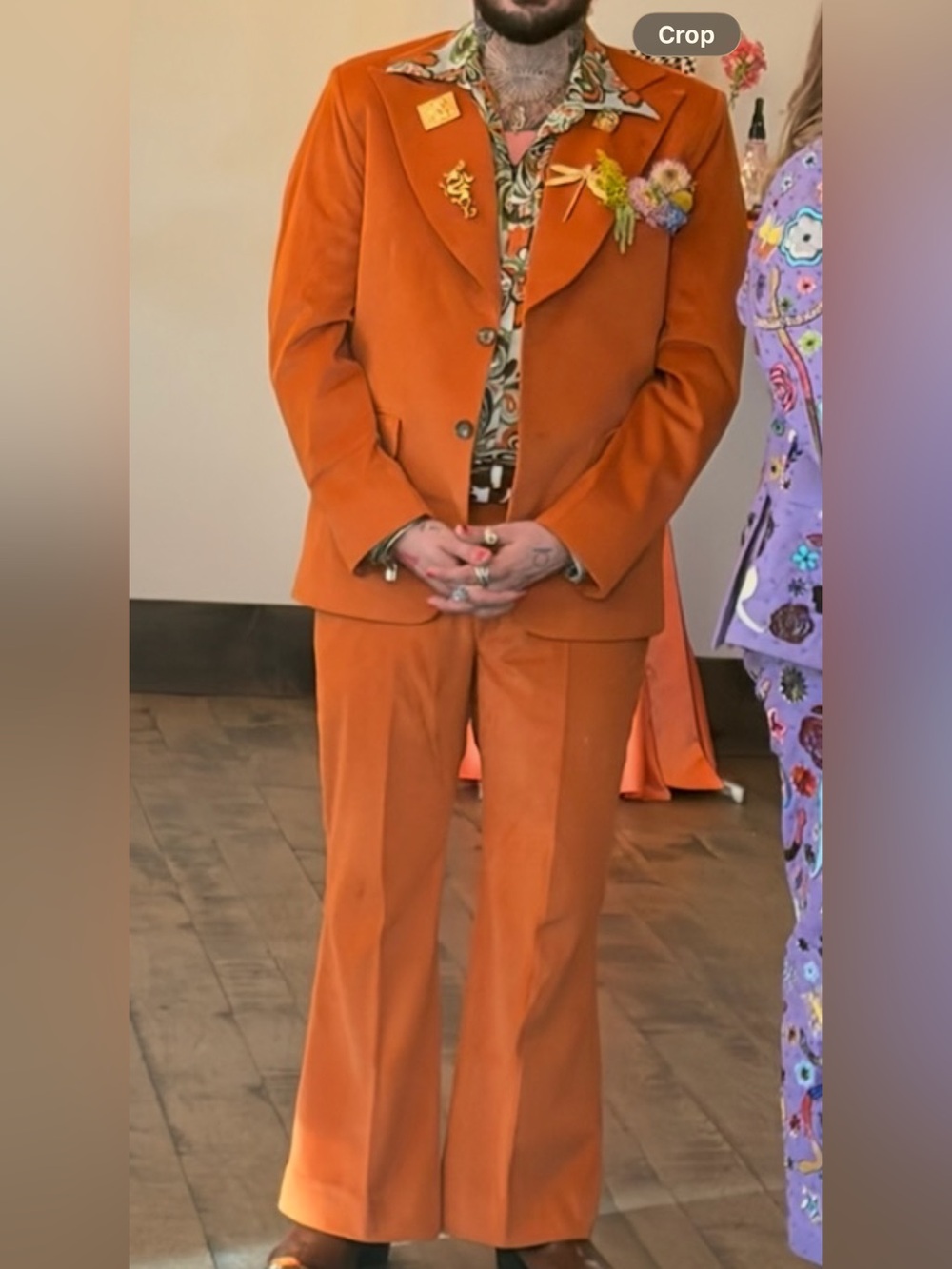 Men’s 1970s Disco Costume Suit Orange Crushed Velvet Blazer Flare Pants Set